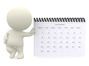 3D guy leaning on a calendar - isolated over a white background